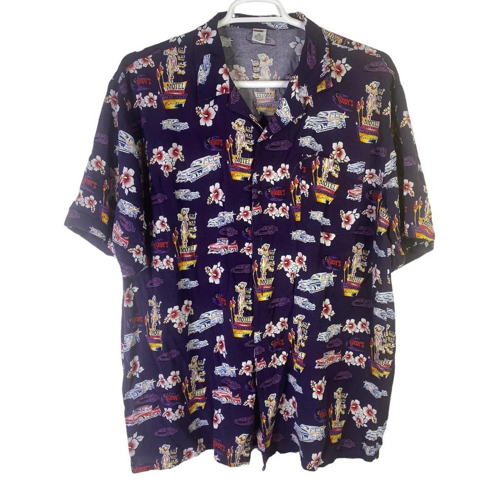 Vintage 90s O’Rageous Hawaiian Woodys Cars Motel *Faded* Button up Tag Size XXL